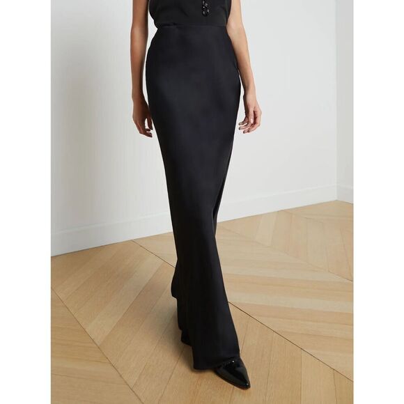 New $310  L’agence Zeta Black Satin Maxi Skirt Sz Medium New Wedding  Cocktail - Picture 2 of 9